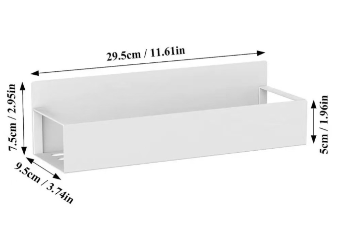 Den hvide hylde med målene 29,5 × 9,5 × 7,5 cm