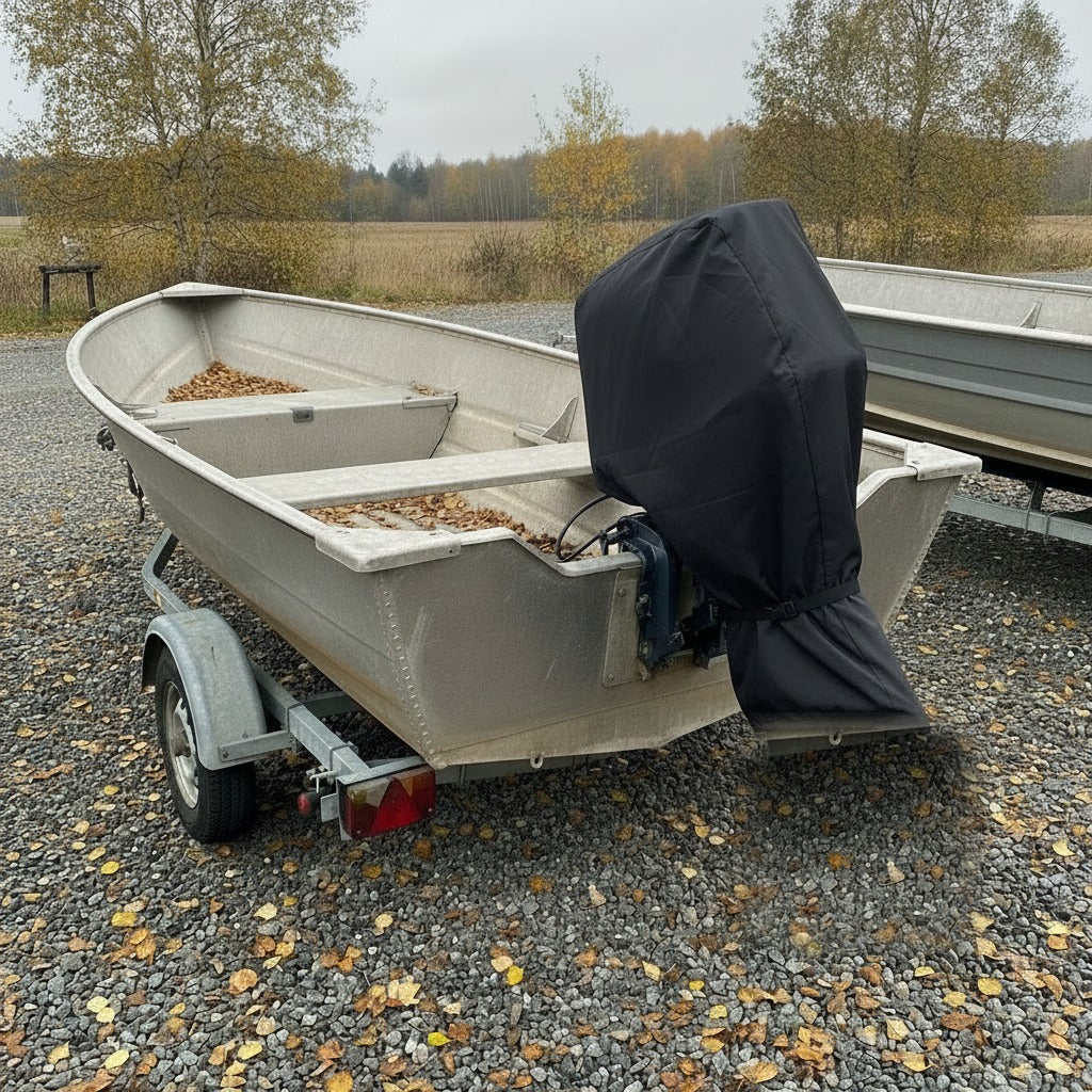 Motorcoveret på en lille aluminiumsbåd på trailer